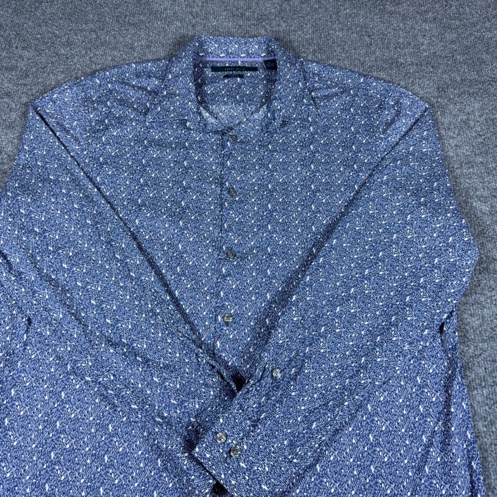 Perry Ellis Mens XL Blue White Abstract  Long Sleeve Stretch Button Down Shirt